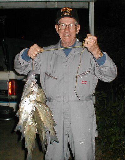 Delighted Dad with a stringer of white bass